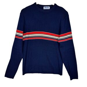 Vintage 80s Meister 100% Wool Sweater Mens M Navy Red Stripe Crewneck Preppy
